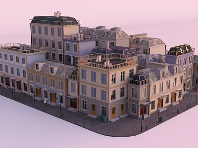 Row of Multi Story Ancient Buildings With Traditional Roofs Classic Windows And Street Scene 3d model