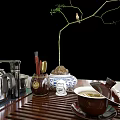 Traditional Tea Set with Teapot Cups on Bamboo Tray and Potted Plant on Wooden Table