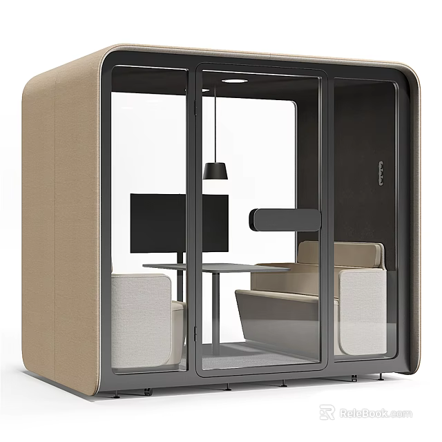 Modern Public Chair In Glass Enclosure With Tables For Co Working Space 3d model 