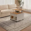 White Coffee Table With Wooden Top Wheels Shelf Fruit Bowl Cup And Beige Sofa