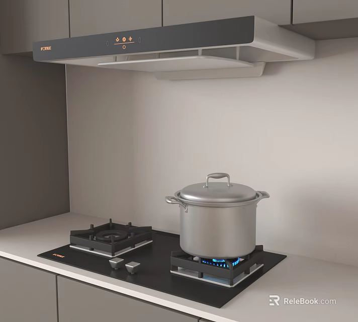 Modern Kitchen Appliances Featuring Gas Stove Cooking Pot and Range Hood 3d model 