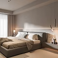 Modern Bedroom Interior Design With Cozy Bed Nightstand Lamp Soft Curtains And Area Rug