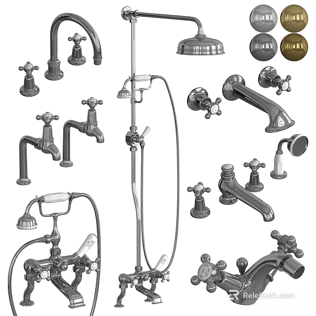 Various Faucet Styles Including Kitchen Bathroom and Shower with Classic Designs 3d model 