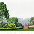 Vibrant Flowers and Plants Surrounding Bench in Lakeside Garden with Lush Green Trees