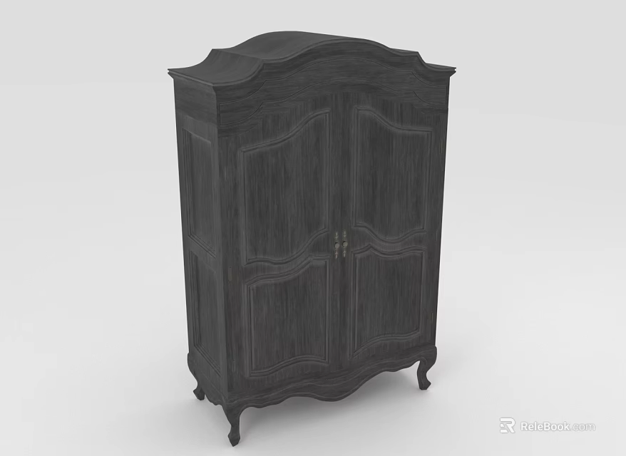 Dark Wooden Vintage Style Wardrobe with Double Door and Carved Details 3d model 