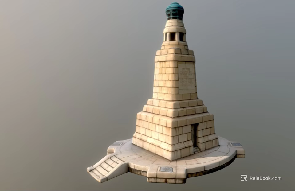 Stone Lighthouse With Circular Base Stone Steps And Green Dome Top 3d model 