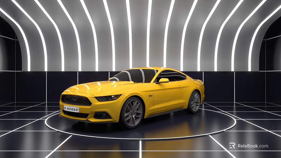 Yellow Sports Car Displayed in Modern Showroom With Curved Lights and Circular Floor Lines 3d model 