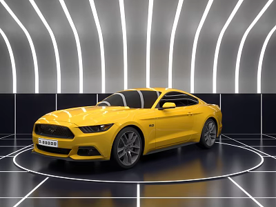 Yellow Sports Car Displayed in Modern Showroom With Curved Lights and Circular Floor Lines 3d model