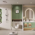 Modern Bathroom Interior Design With Green Vanity Circular Mirror Shower Niche And Light Tiles