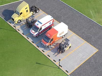 Parking Lot With Yellow Truck White Ambulance Orange Van And Green Grass Area 3d model