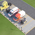 Parking Lot With Yellow Truck White Ambulance Orange Van And Green Grass Area