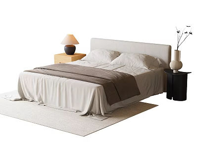Double Bed with White Sheets Brown Blanket Bedside Table Lamp and Vase on Rug 3d model