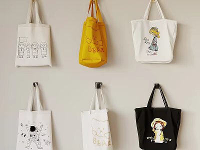 Various Colorful Canvas Tote Bags With Cartoon Patterns Hanging On Wall 3d model
