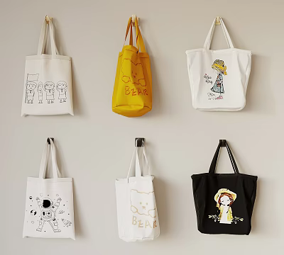 Various Colorful Canvas Tote Bags With Cartoon Patterns Hanging On Wall 3d model