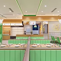 Modern Restaurant Interior With Green Chairs Wooden Tables White Pendant Lights And Glass Partitions