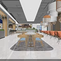 Modern Restaurant Interior Design With Long Wooden Table Orange Chairs And Pendant Lights
