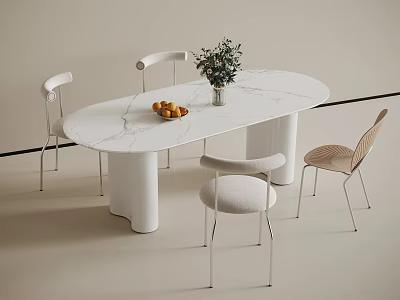 Modern Dining Table Set with Marble Top and Chairs and Fruit Green Plant Decor 3d model