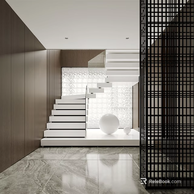 Modern Interior With White Stairs Marble Floor Glass Partition And Round Decorative Sphere 3d model 