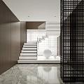 Modern Interior With White Stairs Marble Floor Glass Partition And Round Decorative Sphere