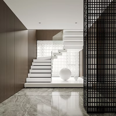 Modern Interior With White Stairs Marble Floor Glass Partition And Round Decorative Sphere 3d model
