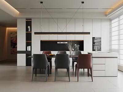 Modern Restaurant Interior With Open Kitchen Dining Table Chairs And Cabinets 3d model