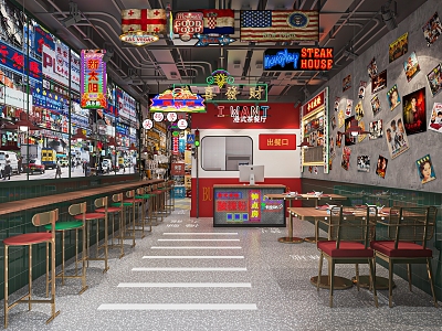 Retro Restaurant Hong Kong Style Tea Restaurant Fast Food Restaurant Food Stall Neon Light Bar Table and Chair model