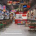 Vibrant Restaurant Interior Featuring Neon Signs Vintage Posters Bar Stools And Striped Flooring
