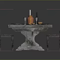 Wooden Dining Table With Four Chairs Tablecloth Clay Pot Candles Wine Glasses And Fruits