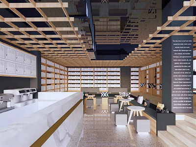 Modern Café Interior With Wooden Lattice Ceiling Mirrored Accents White Counter Bookshelves And Seating Area 3d model