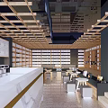 Modern Café Interior With Wooden Lattice Ceiling Mirrored Accents White Counter Bookshelves And Seating Area