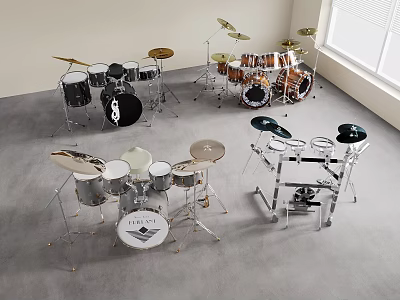 Indoor Collection Of Musical Instrument Drum Sets With Various Sizes Drums And Cymbals 3d model