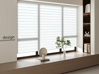 Modern White Venetian Blinds On Large Window With Bookshelf Decorative Plant And Sculpture 3d model