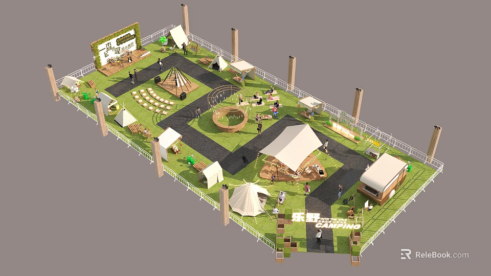 Garden Landscape Design With Tents Winding Paths Greenery And Seating Areas 3d model 
