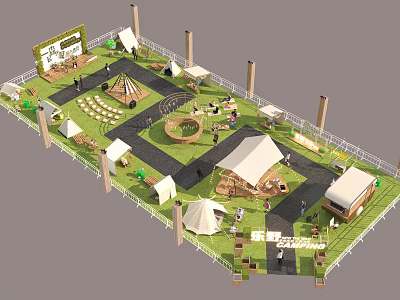 Garden Landscape Design With Tents Winding Paths Greenery And Seating Areas 3d model