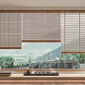 Bay Window Featuring Bamboo Blinds Mountain View Wooden Floor Tea Tray and Plant