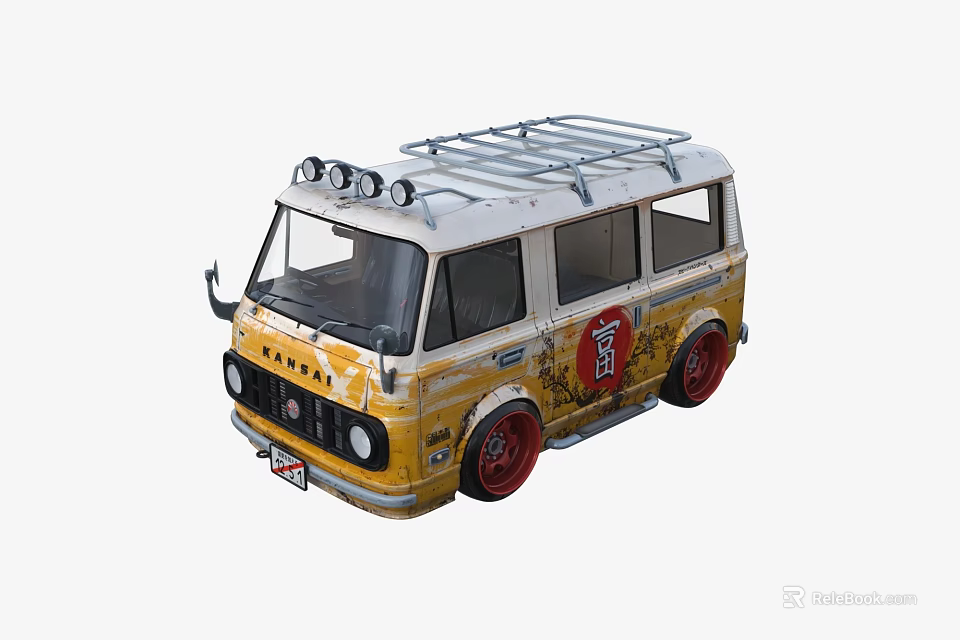 Vintage Yellow And White Bus With Roof Rack Red Wheels And Decorative Graphics 3d model 