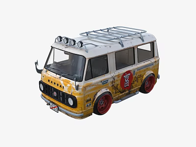 Vintage Yellow And White Bus With Roof Rack Red Wheels And Decorative Graphics 3d model