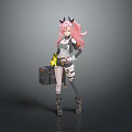 Game Movie Female Character With Pink Hair Horns Black White Outfit Holding Black Case Boots