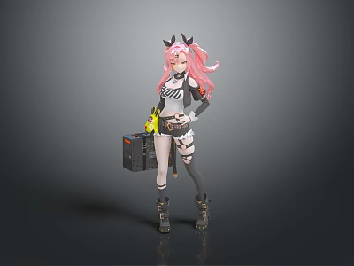 Game Movie Female Character With Pink Hair Horns Black White Outfit Holding Black Case Boots 3d model