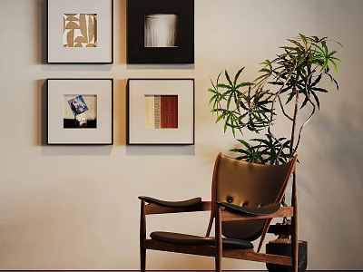Minimalist Four Abstract Paintings On Wall With Wooden Chair And Green Plant In Interior Room 3d model