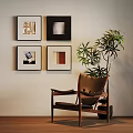 Minimalist Four Abstract Paintings On Wall With Wooden Chair And Green Plant In Interior Room