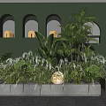 Decorative Flower Grass Display with Palm Leaves Green Wall Arch Niche Gold E Light Decoration