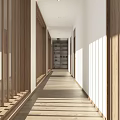 Minimalist Hotel Corridor Interior With Natural Sunlight Wooden Doors And Long Hallway