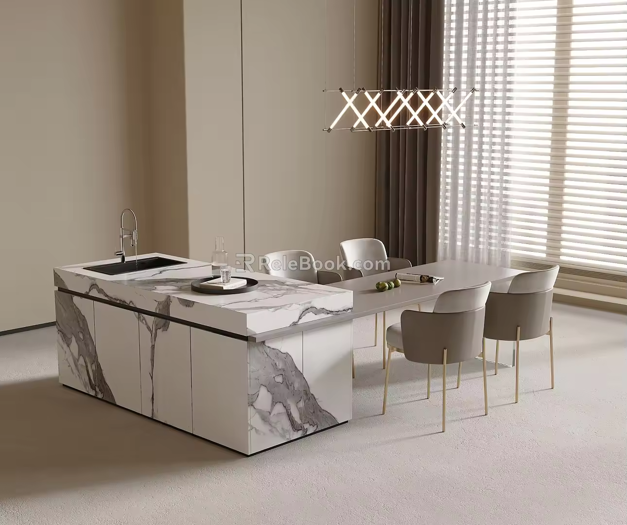 Dining Table and Chair Combination Dining Chair Dining Table Restaurant Chandelier Middle Island Table 3d model