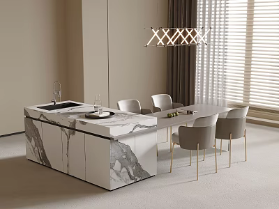 Modern Dining Table Set With Marble Island Counter And Chairs Under Pendant Light 3d model