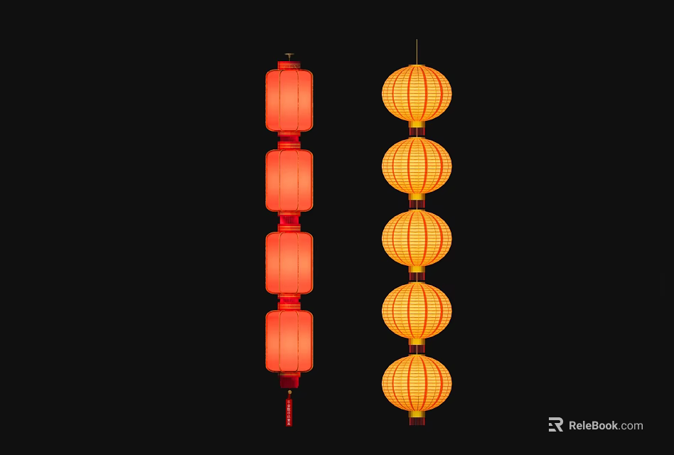 Art Installation Featuring Red Columnar And Yellow Circular Lanterns On Black Background 3d model 