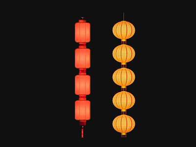 Art Installation Featuring Red Columnar And Yellow Circular Lanterns On Black Background 3d model