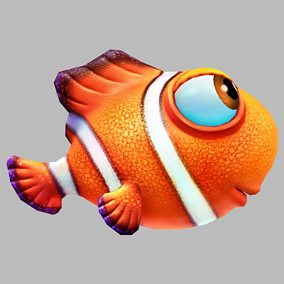Cute Orange Clownfish with White Stripes Large Blue Eyes and Purple Edged Fins 3d model