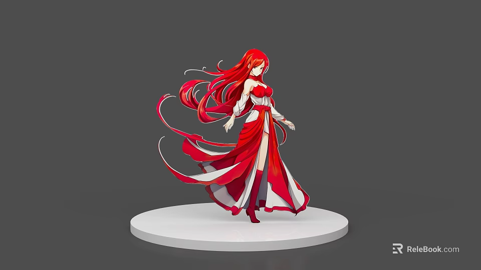 Anime Inspired Game Character With Long Flowing Red Hair And Red White Dress 3d model 