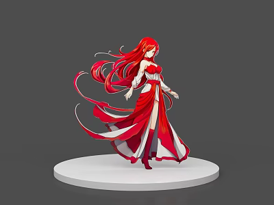 Anime Inspired Game Character With Long Flowing Red Hair And Red White Dress 3d model